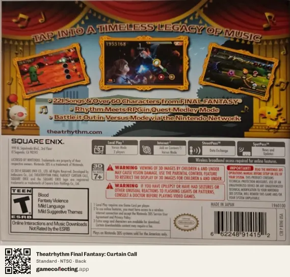 Theatrhythm Final Fantasy: Curtain Call Nintendo 3DS, NTSC box back