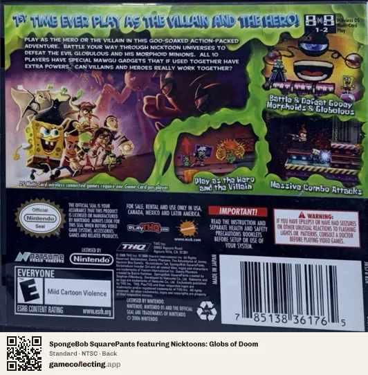 SpongeBob SquarePants featuring Nicktoons: Globs of Doom Nintendo DS, NTSC box back