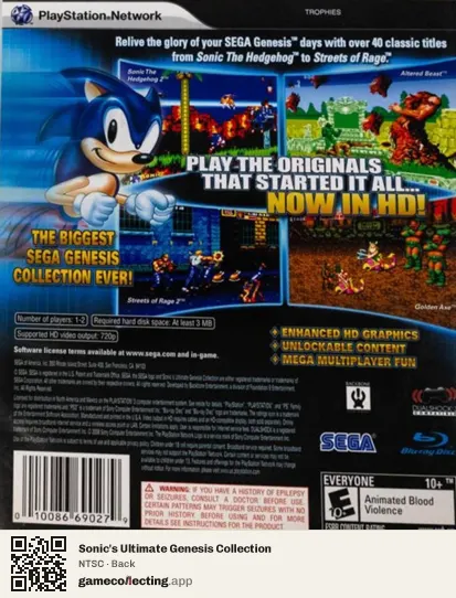 Sonic's Ultimate Genesis Collection PlayStation 3, NTSC box back