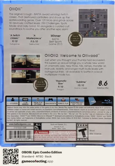 OlliOlli: Epic Combo Edition PlayStation 4, NTSC box back