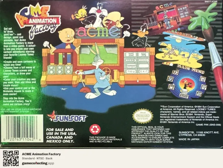 ACME Animation Factory Super Nintendo Entertainment System, NTSC box back
