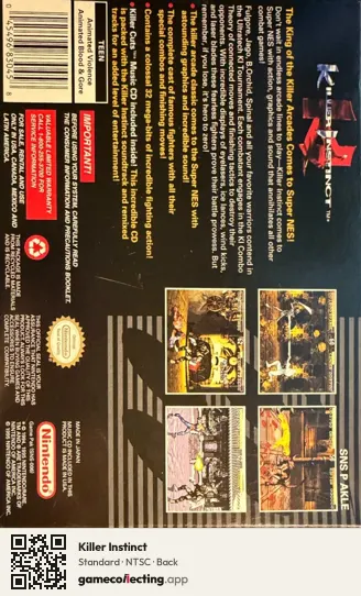 Killer Instinct Super Nintendo Entertainment System, NTSC box back