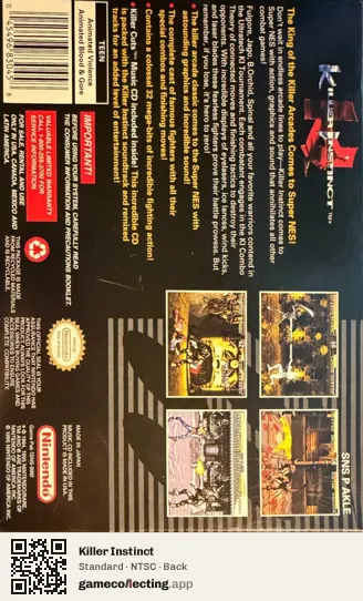Killer Instinct Super Nintendo Entertainment System, NTSC box back