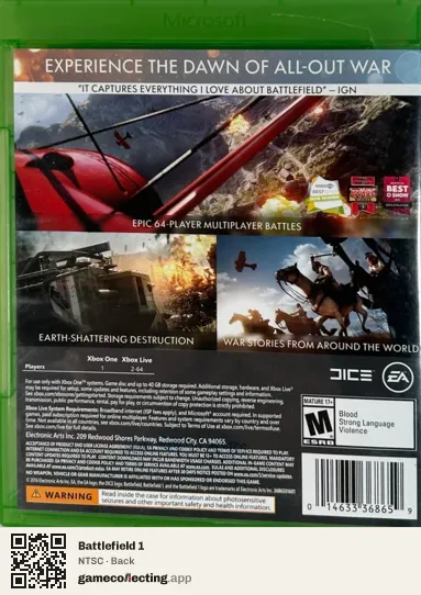Battlefield 1 Xbox One, NTSC box back