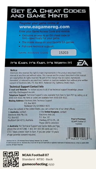 NCAA Football 07 Xbox 360, NTSC box back