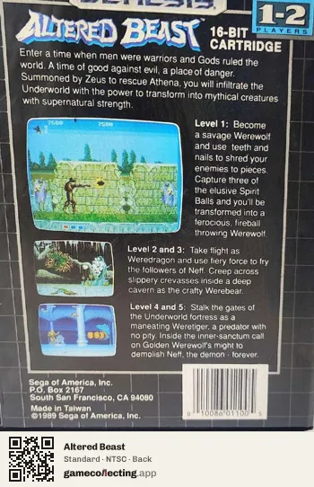 Altered Beast Sega Mega Drive / Genesis, NTSC box back