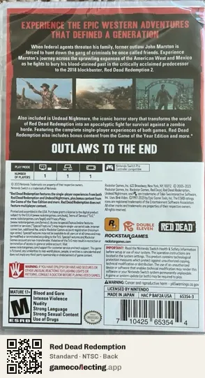 Red Dead Redemption Nintendo Switch, NTSC box back