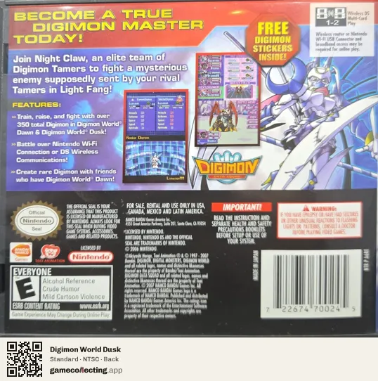 Digimon World Dusk Nintendo DS, NTSC box back
