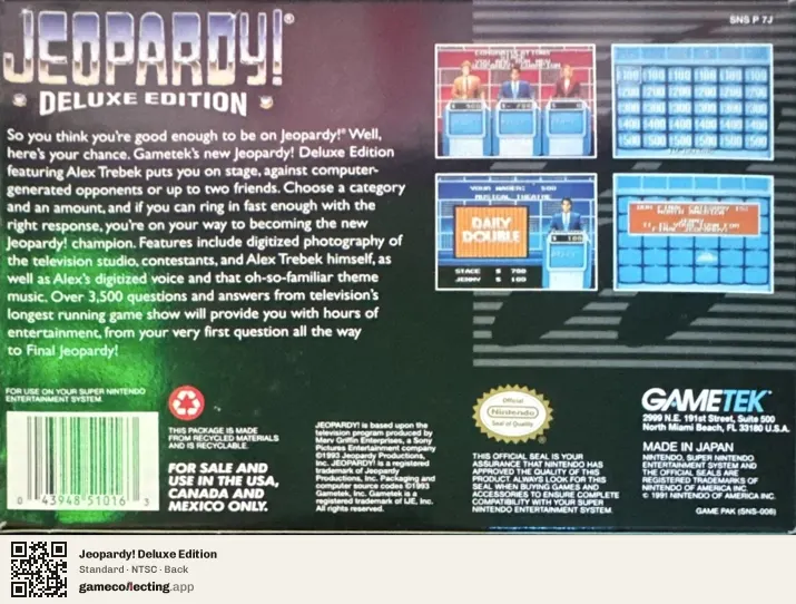Jeopardy! Deluxe Edition Super Nintendo Entertainment System, NTSC box back