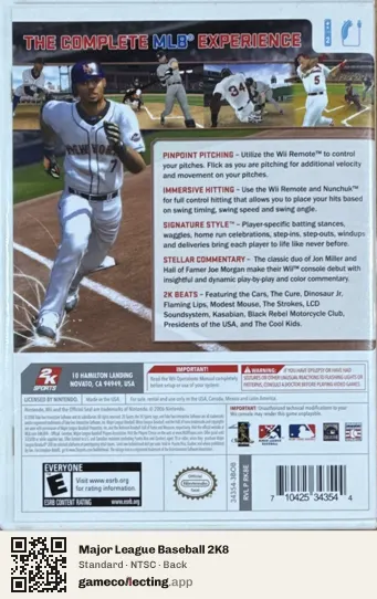 Major League Baseball 2K8 Nintendo Wii, NTSC box back