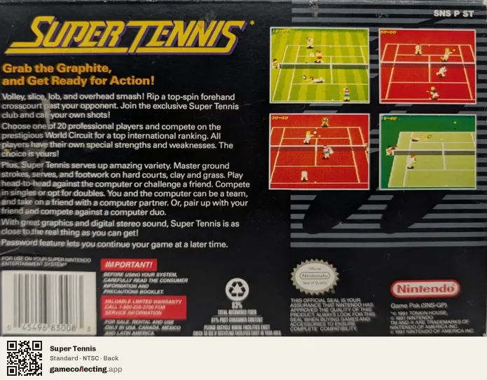 Super Tennis Super Nintendo Entertainment System, NTSC box back