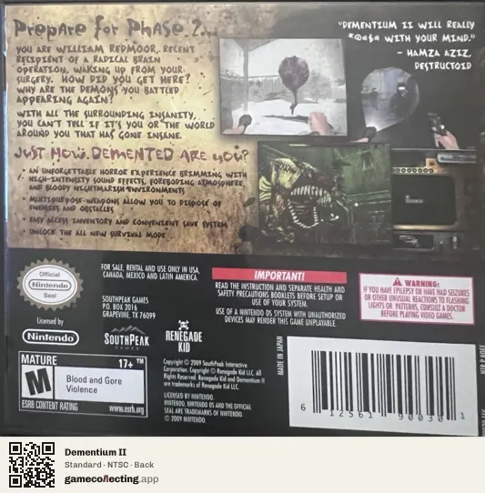 Dementium II Nintendo DS, NTSC box back