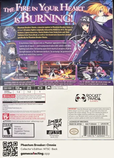Phantom Breaker: Omnia Nintendo Switch, NTSC box back