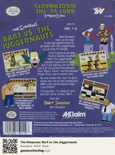 The Simpsons: Bart vs. the Juggernauts Game Boy, NTSC box back