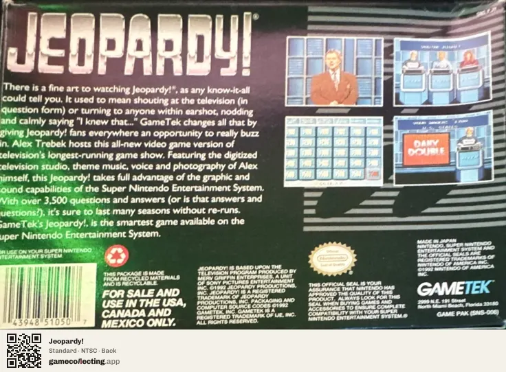 Jeopardy! Super Nintendo Entertainment System, NTSC box back