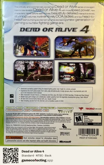 Dead or Alive 4 Xbox 360, NTSC box back