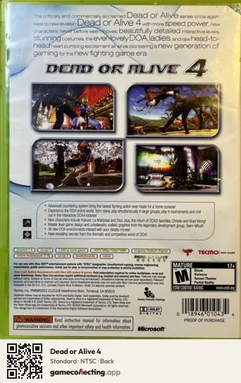 Dead or Alive 4 Xbox 360, NTSC box back