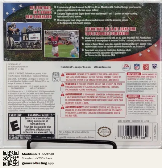 Madden NFL Football Nintendo 3DS, NTSC box back