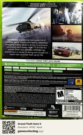 Grand Theft Auto V Xbox 360, NTSC box back