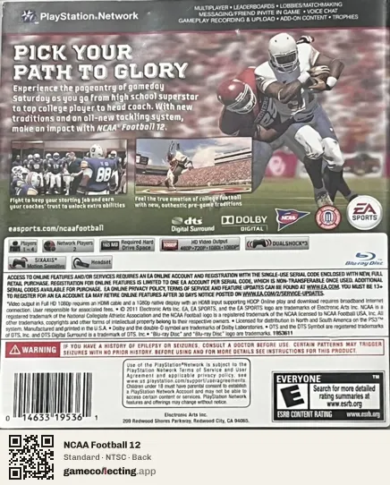 NCAA Football 12 PlayStation 3, NTSC box back