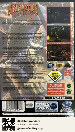 Skeleton Warriors Sega Saturn, PAL box back