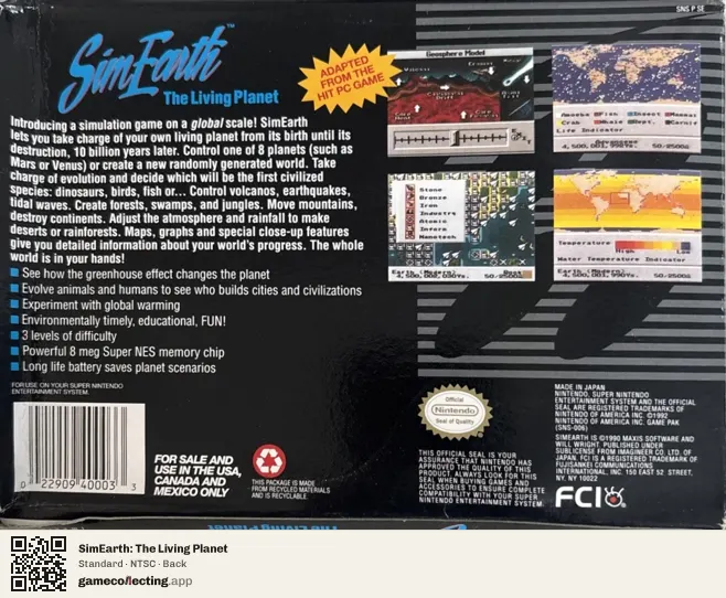 SimEarth: The Living Planet Super Nintendo Entertainment System, NTSC box back