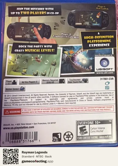 Rayman Legends PlayStation Vita, NTSC box back