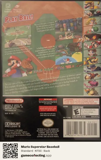 Mario Superstar Baseball Nintendo GameCube, NTSC box back
