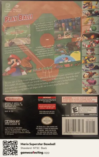 Mario Superstar Baseball Nintendo GameCube, NTSC box back