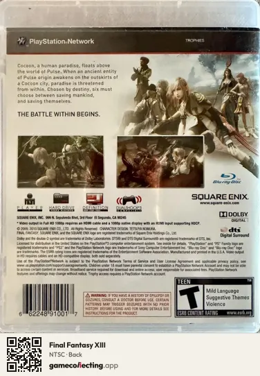 Final Fantasy XIII PlayStation 3, NTSC box back