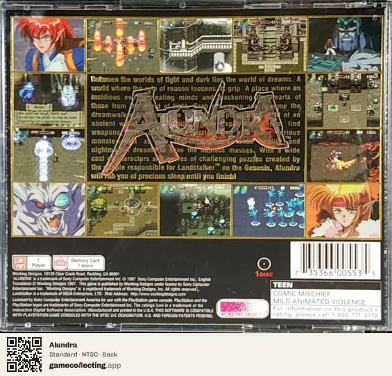 Alundra PlayStation, NTSC box back