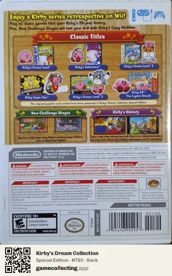 Kirby's Dream Collection Nintendo Wii, NTSC box back