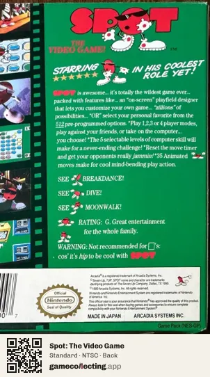 Spot: The Video Game Nintendo Entertainment System, NTSC box back
