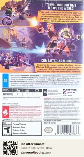 Die After Sunset Nintendo Switch, NTSC box back