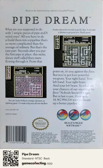 Pipe Dream Nintendo Entertainment System, NTSC box back