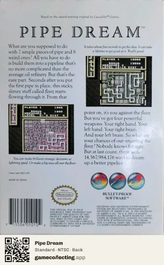 Pipe Dream Nintendo Entertainment System, NTSC box back