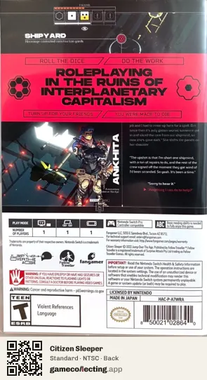 Citizen Sleeper Nintendo Switch, NTSC box back