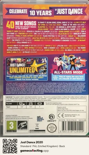 Just Dance 2020 Nintendo Switch, United Kingdom box back
