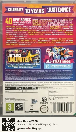 Just Dance 2020 Nintendo Switch, United Kingdom box back