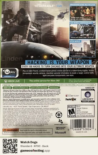 Watch Dogs Xbox 360, NTSC box back