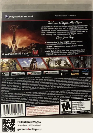 Fallout: New Vegas PlayStation 3, NTSC box back