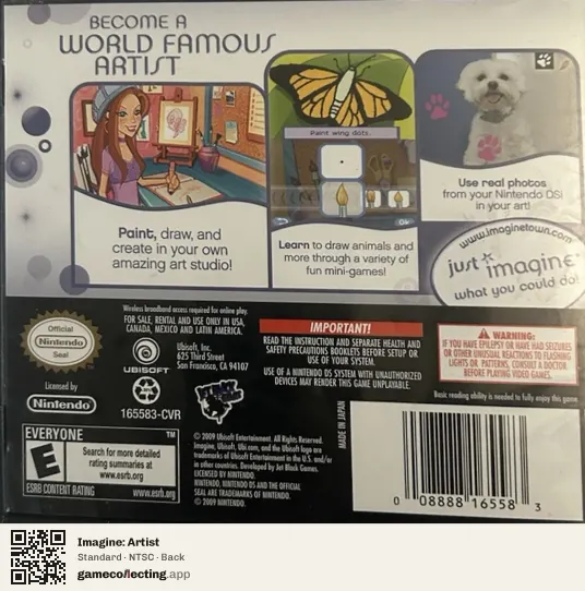 Imagine: Artist Nintendo DS, NTSC box back