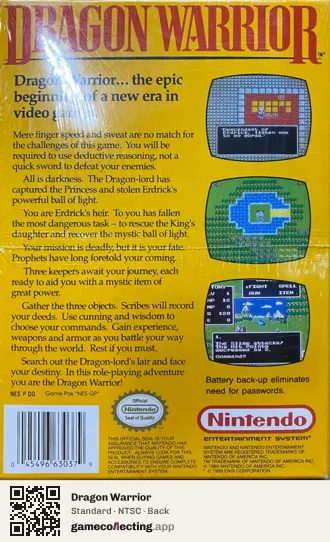 Dragon Warrior Nintendo Entertainment System, NTSC box back