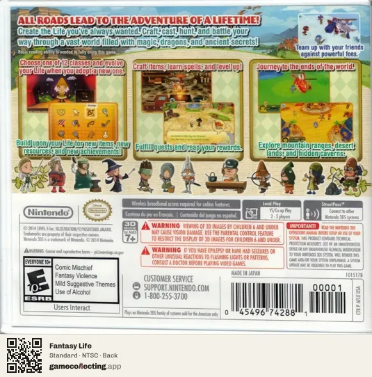 Fantasy Life Nintendo 3DS, NTSC box back