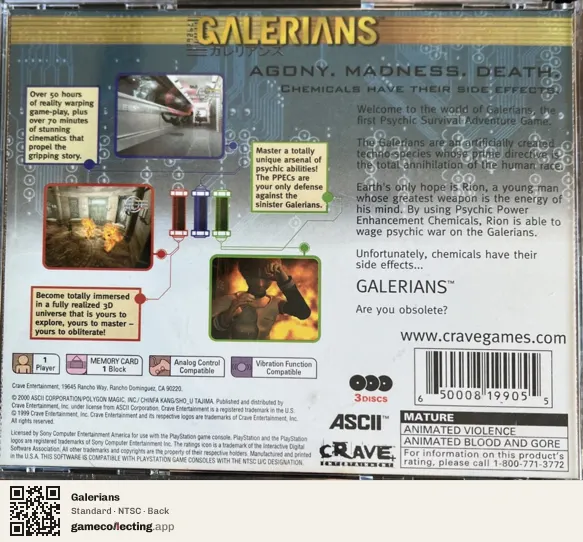 Galerians PlayStation, NTSC box back