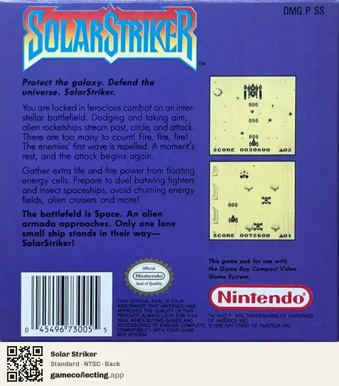Solar Striker Game Boy, NTSC box back