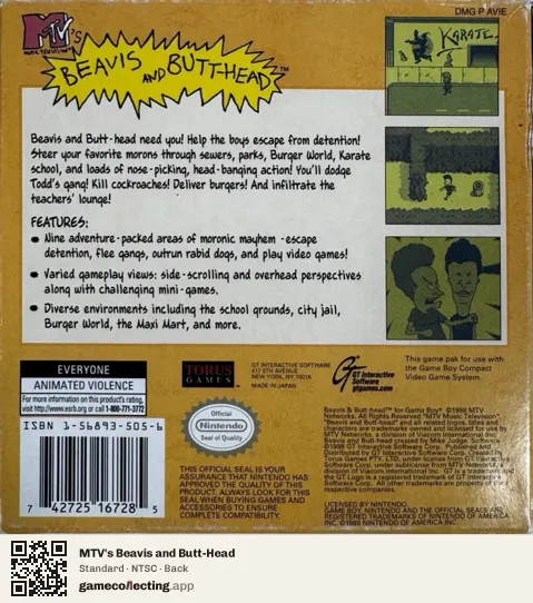 MTV's Beavis and Butt-Head Game Boy, NTSC box back