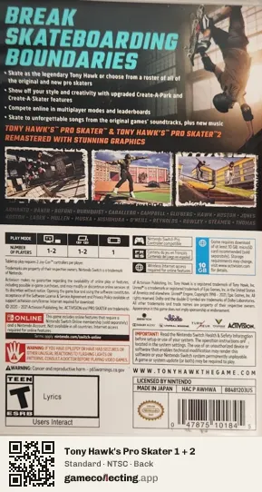 Tony Hawk's Pro Skater 1 + 2 Nintendo Switch, NTSC box back
