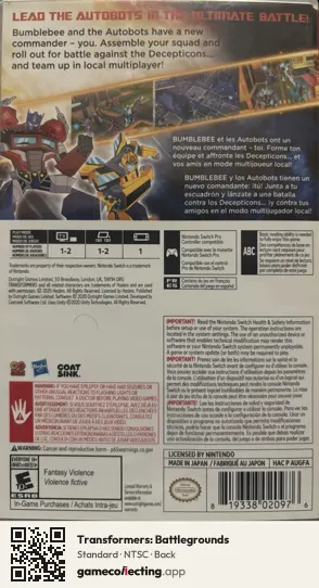 Transformers: Battlegrounds Nintendo Switch, NTSC box back