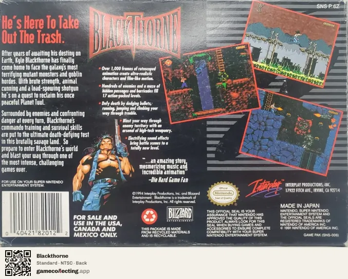 Blackthorne Super Nintendo Entertainment System, NTSC box back